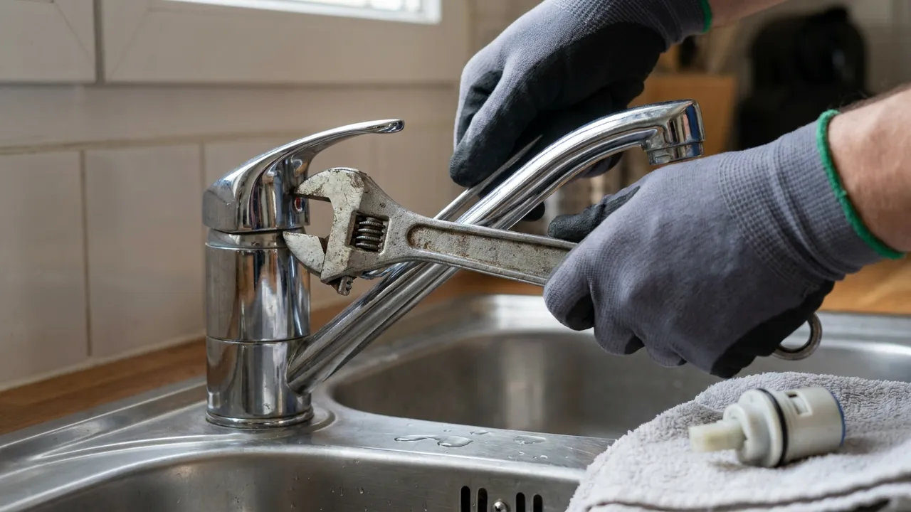 Robinet de cuisine qui goutte dans un pavillon d'Aulnay-sous-Bois, avant remplacement de la cartouche